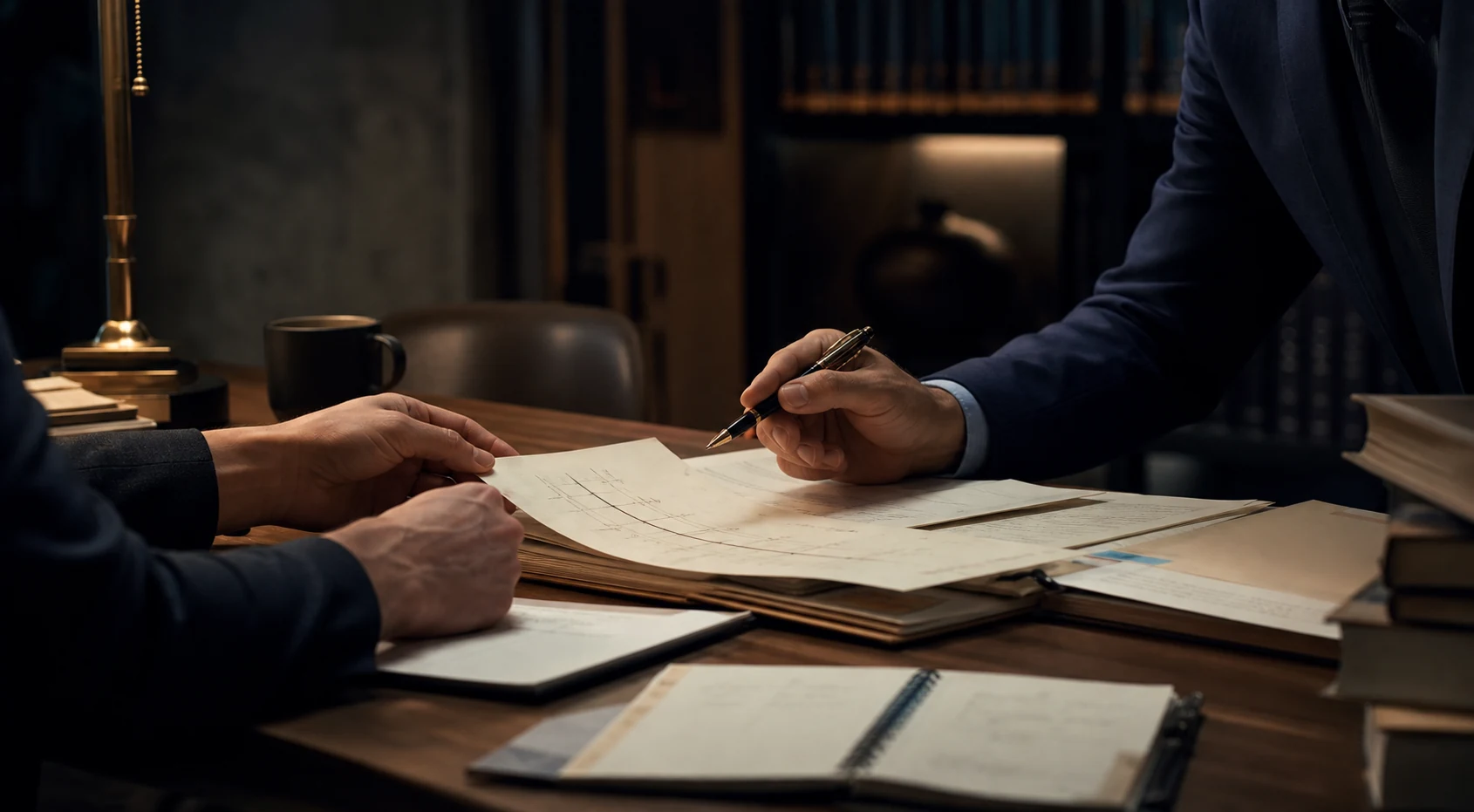 Attorneys reviewing a case timeline together at a dark wood table